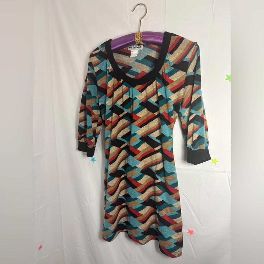 VTG 90s/y2k Earth Tone Abstract Boho Babydoll Mini Sweater Dress Size M